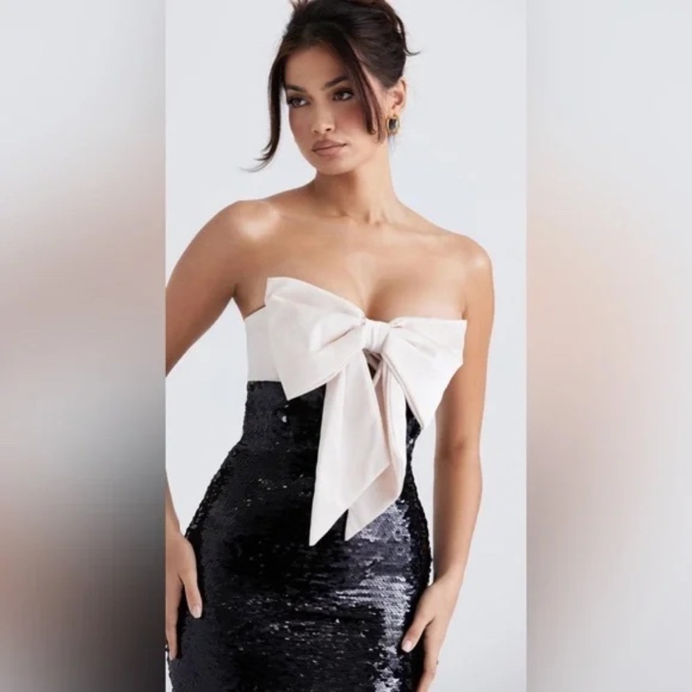 HOUSE OF CB Holly Sequin Strapless Cocktail Dress Gown in Black NWT size XS